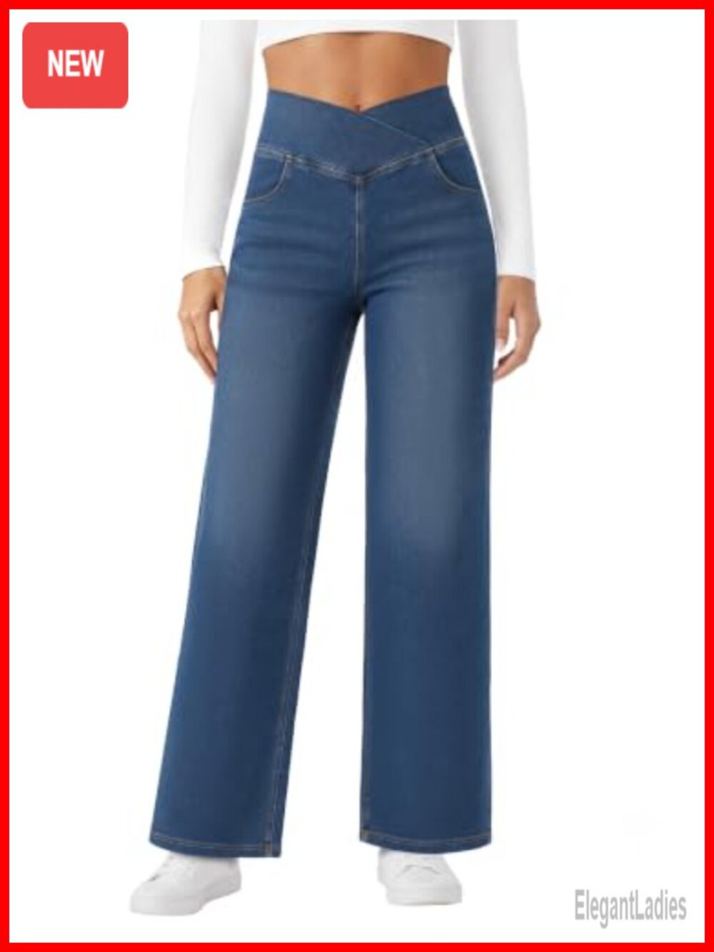 High Waist Wide Leg Crossover Jeans Stretchy Denim Pants Pockets